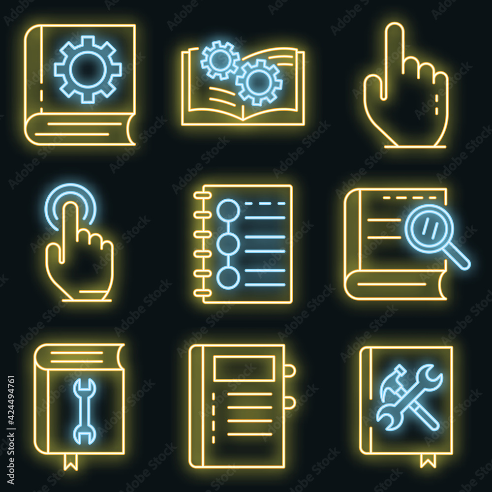 Poster user guide icons set. outline set of user guide vector icons neon color on black