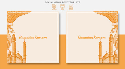 Ramadan kareem social media post design with hand drawn illustration of Islamic ornament