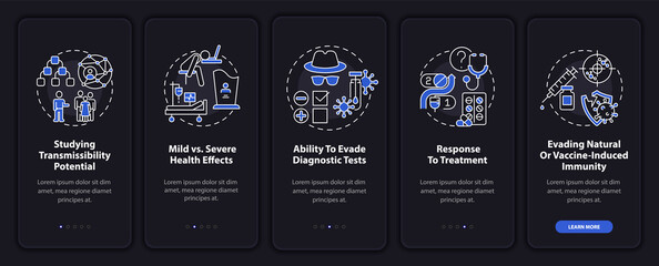 Virus results onboarding mobile app page screen with concepts. Vaccine induced immunity walkthrough 5 steps graphic instructions. UI, UX, GUI vector template with linear night mode illustrations