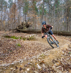 A mountain biker carves a turn on the San-Lee MTB trail near Sanford, North Carolina