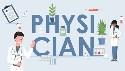 Physician word vector flat banner concept. Happy doctor and nurse in white medical robes standing and waving hands. Healthcare, medicine consultation in hospital or medical clinic poster concept.