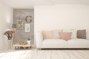 White living room with sofa. Scandinavian interior design. 3D illustration