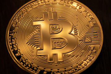 Gold Bitcoin coin. Physical representation of Cryptocurreny Bitcoin. Digital Gold. Blockchain and Crypto concept