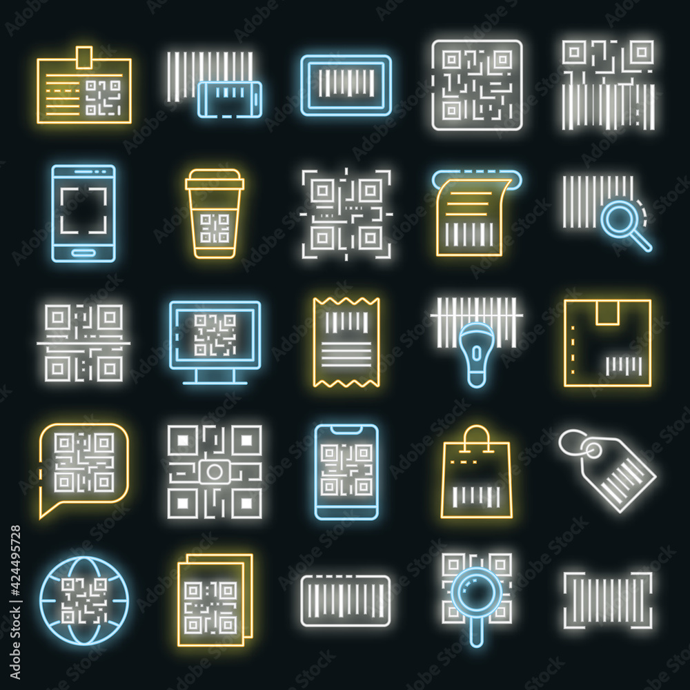 Poster qr code icons set. outline set of qr code vector icons neon color on black