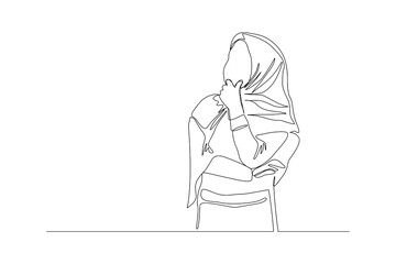 Continuous line drawing of Islamic arabic pensive female in hijab scarf standing looking away against. Single one line drawing of standing middle east muslim woman thinking. Vector illustration