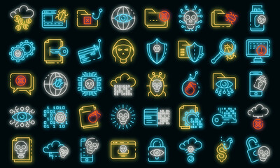 Cyber attack icons set. Outline set of cyber attack vector icons neon color on black