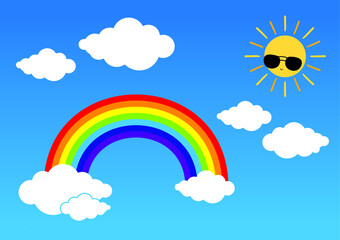 vector Rainbow with clouds isolated on blue background