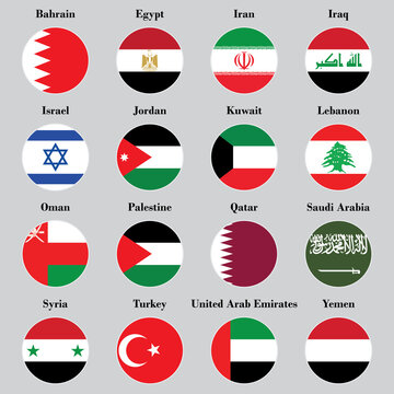 The circular Middle East Asian flag tells the name of each country on a blue background.
