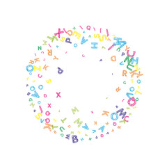 Falling letters of English language. Colorful messy sketch flying words of Latin alphabet. Foreign languages study concept. Beauteous back to school banner on white background.