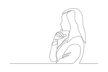 Continuous line drawing of beautiful pensive female standing looking away against. Single one line drawing of standing woman thinking. Vector illustration