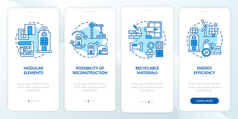 Futuristic office building requirement onboarding mobile app page screen with concepts. Remodeling walkthrough 4 steps graphic instructions. UI, UX, GUI vector template with linear color illustrations