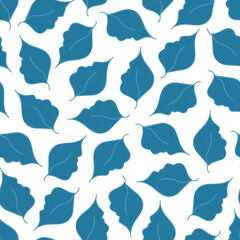 Blue leaves on a white background. Seamless pattern, abstract minimalistic botanical background for design. For printing on fabric, porcelain, wallpaper, tiles, packaging.