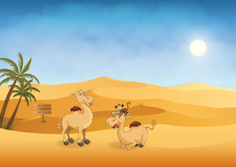 Desert nature Landscape with Camels and Monkey