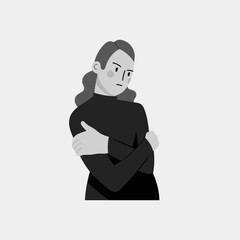 Unhappy person hugging yourself. Psychologist help for depressed people. Hand drawn Vector illustration. Mental health issues, Self care, love, acceptance, feeling of frustrated, anxiety concept