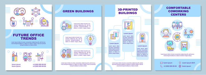 Future office trends brochure template. Green, 3D-printed buildings. Flyer, booklet, leaflet print, cover design with linear icons. Vector layouts for presentation, annual reports, advertisement pages