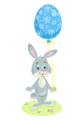 Happy Easter! A small funny rabbit with a large blue balloon that looks like a painted egg. In cartoon style. Isolated on white background. Vector illustration.