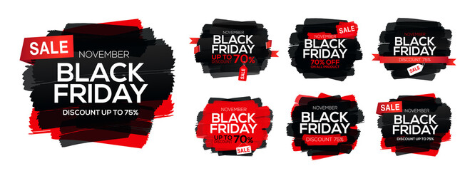 Collection abstract ink blots with Black Friday sale inscription. Black Friday template set for your banner or poster. Sale and discount. Vector illustration