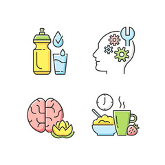Daily health care RGB color icons set. Drinking enough water. Learning new skills. Practicing mindfulness. Healthy breakfast. Self improvement. Change lifestyle. Isolated vector illustrations