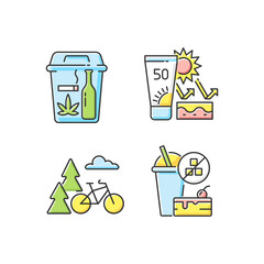 Healthy habits RGB color icons set. Quitting bad habits. Skin protection. Outdoor activity. No added sugar. Self improvement, personal development. Change lifestyle. Isolated vector illustrations