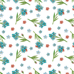Watercolor seamless pattern. Delicate forget-me-not flowers on a white background.