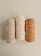 Different natural colors of cotton yarn for macrame. Yarn top look.