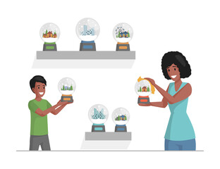 Mother and son wiping dust off glass snow globes vector flat illustration. Family collecting glass spheres with snowflakes and winter landscapes. Home decorations, winter city, buildings.