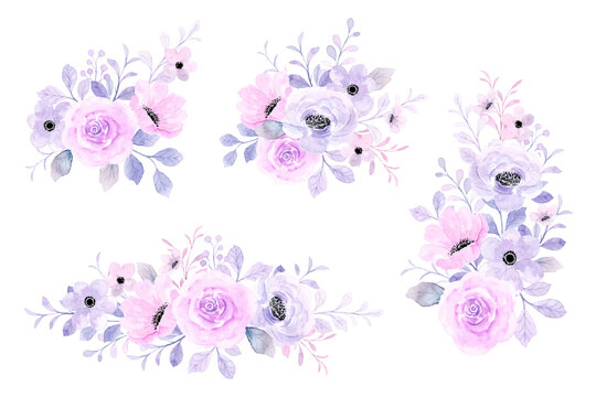 Pink purple floral bouquet collection with watercolor