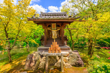 Kyoto, Japan - April 27, 2017: Benzaiten shrine in Eikan-do Zenrin-ji temple in Kyoto, Japan. Zenrin-ji, and is the main temple of Jodoshu Buddhism famous for its lime trees in the fall.