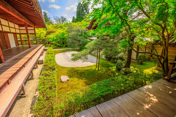 Kyoto, Japan - April 27, 2017: Traditional zen garden in a sunny day. Eikan-do Temple or Zenrin-ji belongs to the Jodo sect of Japanese Buddhism. Eikando is a popular Zen Temple in Kyoto, Japan