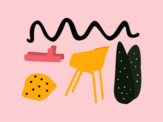 Set of vector illustrations. Cozy and cute ribbon, lemon, plant, chair, slippers