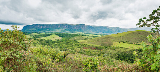 Brazilian eco tourism landscape of Minas Gerais state at Serra da Canastra region, at São Roque de Minas city. Far view of the sierra on a cloudy day.