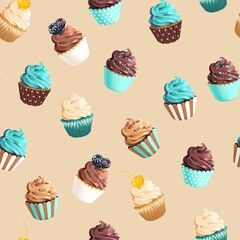 Seamless vector pattern with pastel color cupcakes