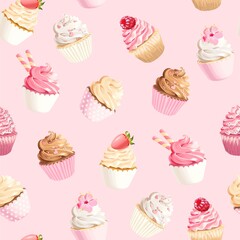 Seamless vector pattern with pastel pink cupcakes - 424502578