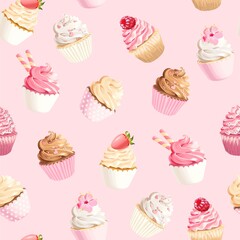 Seamless vector pattern with pastel pink cupcakes