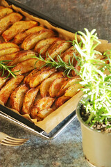 A tray with potatoes backed in oven