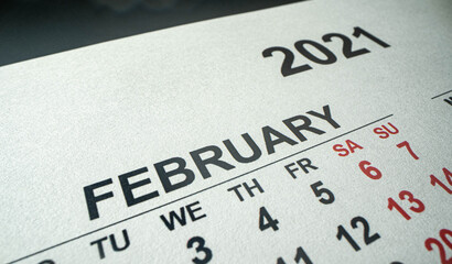 Calendar for 2021 isolated on a white background. Sunday to Monday, business template February