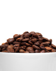 Cup with coffee beans close up on white background