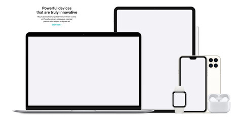 smartphone, tablet, laptop, smartwatch, headphones and stylus with blank screen saver isolated on white background. realistic and detailed gadgets and devices mockup. stock vector illustration