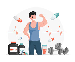 Athlete showing muscles vector cartoon illustration. Bottles and shaker with protein and creatine. Sport food full of vitamins, supplements and minerals. Sportive nutrition, active lifestyle concept.