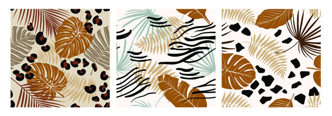 Set modern exotic seamless pattern with animal skin in brown colors and palm leaves. Vector art for design, fabric, wallpaper.