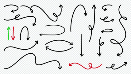 Hand drawn wavy arrows collection on transparent background