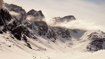 Snow hiking on the Arctic Circle Trail between Kangerlussuaq and Sisimiut in Greenland.