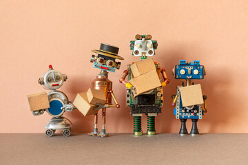 Mechanical courier and happy robots customers hold the parcels delivered to them in cardboard...