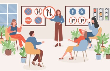 People sit in classroom, learning driving theory, road signs, traffic rules vector flat illustration. Woman teach drivers driving lessons. Men and women pass or prepare for exams for driver license.