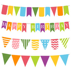 Fototapeta premium Bunting flags with inscription Happy birthday white background. Colorful bunting for holiday decoration. Triangle colorful flat garlands collection. Templates for scrapbooking. Vector illustration