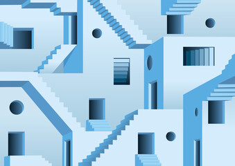 Concept du labyrinthe surréaliste avec un dédale fait de portes et d’escaliers rendant un sortie impossible.