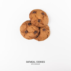 Chocolate chip oatmealcookies with chocolate pieces on white background. Top view