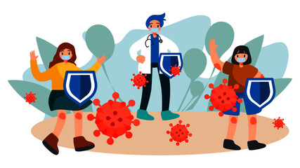 Coronavirus VS people Wearing mask and holding protective shield ,Fight and protect COVID-19  cartoon illustration flat vector 