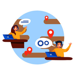 Call center operator cartoon man and woman wearing headsets conceptual of client services and communication flat lifestyle vector 