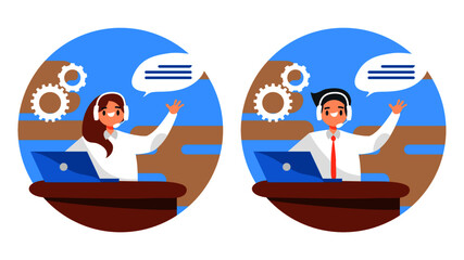 Call center operator cartoon man and woman wearing headsets conceptual of client services and communication flat lifestyle vector 